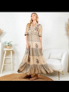 Young Threads Embroidered V-Neck Tiered Maxi Dress in Beige